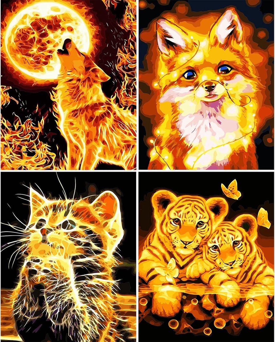 Verf op nummer set - 4 canvas 40 x 50 cm - dierenontwerpen - creatief plezier voor jong en oud - ShopVlot