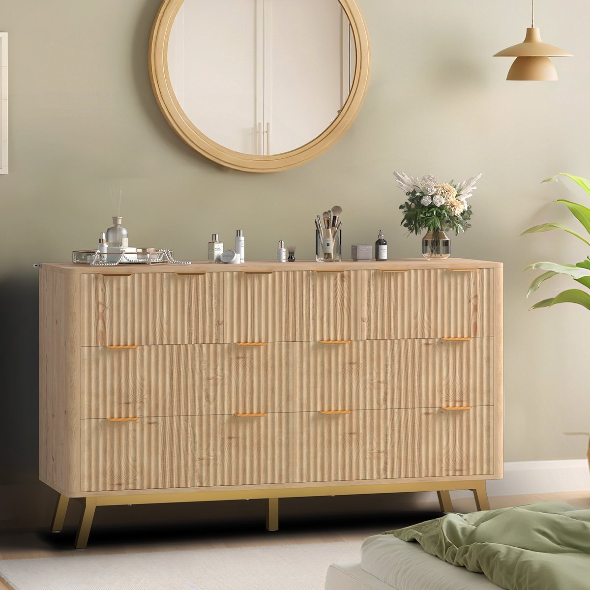 Triumpunpre Ladekast met 7 Laden - Dressoir met Golfpatroon Fronten - Licht Eiken MDF met Goudkleurig Metalen Onderstel - Opbergkast met Wieltjes voor Slaapkamer - 137 x 40 x 81 cm
