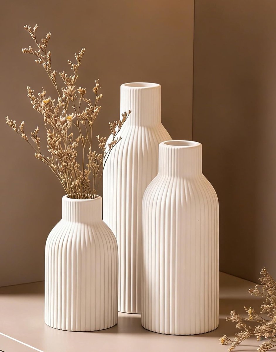 Keramische vaas set 3 stuks - Scandinavische boho stijl - unieke ribstructuur - ideaal voor droogbloemen - SnelShoppen