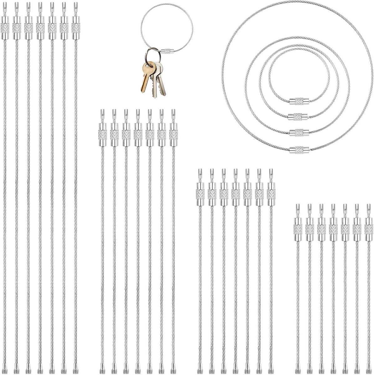 Sleutelhanger draadkoord 28 stuks RVS groot - met draaisluiting - diverse lengtes - ideaal voor sleutels en bagage - SnelShoppen