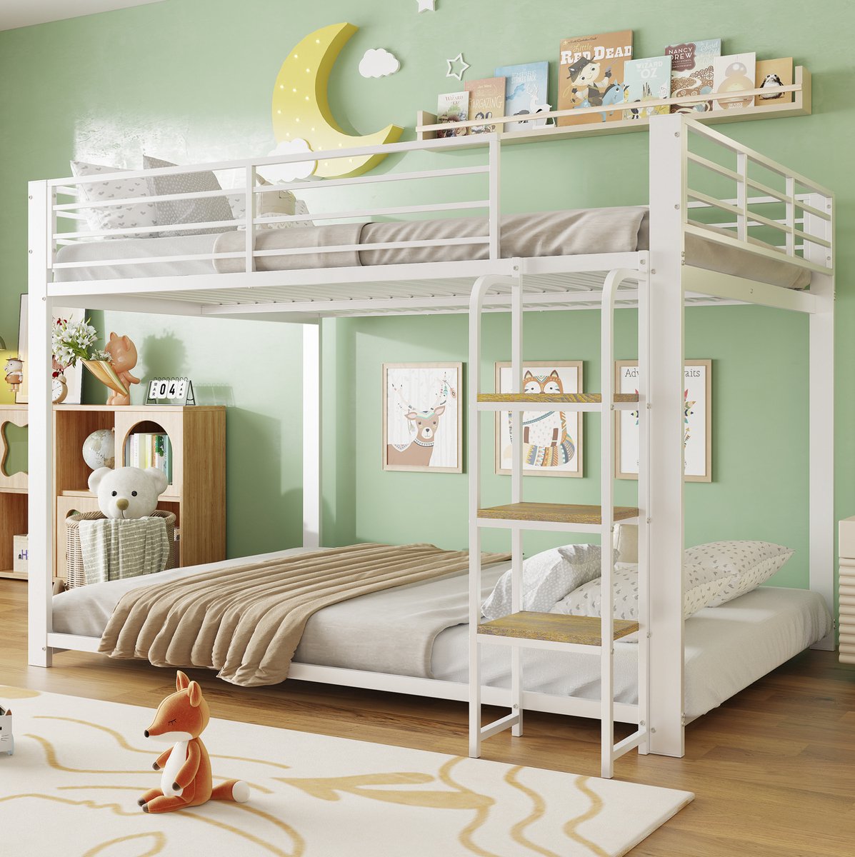 MIVRAY Stapelbed 140x200 Cm Met Matras Zonder Matras Wit Metaal En Mdf Met Houten Trap En Uitvalbeveiliging Voor Kinderkamer