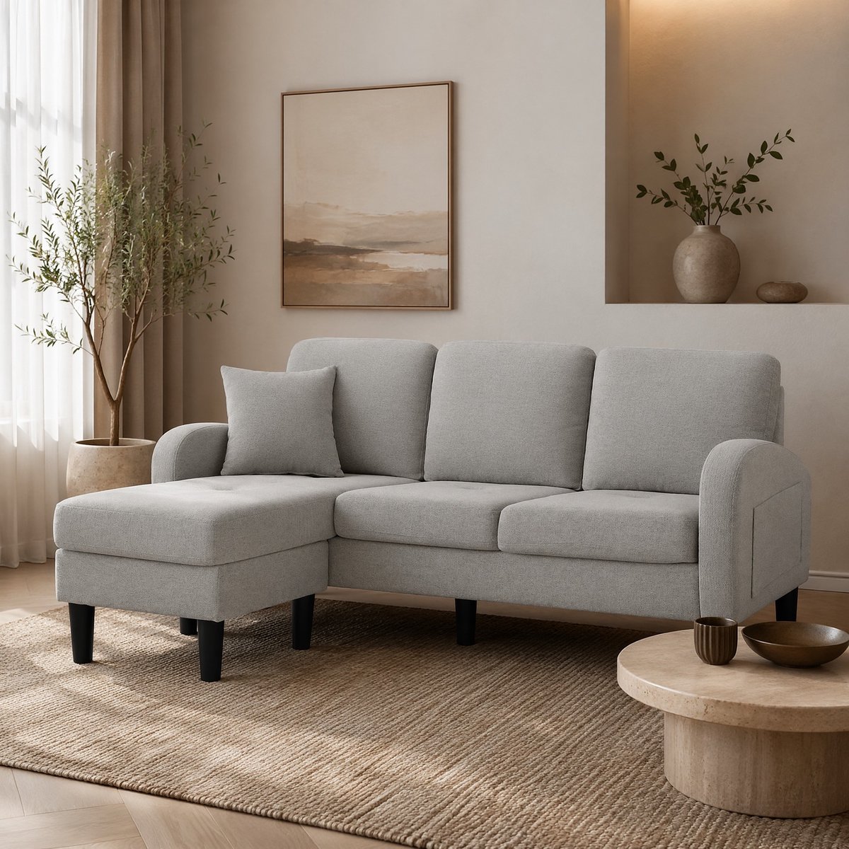 MEUNIQ L-vormige hoekbank met chaiselongue, 3-zits, 166 x 118 x 77 cm, modulair, grijze stof, voor woonkamer, appartement of kantoor