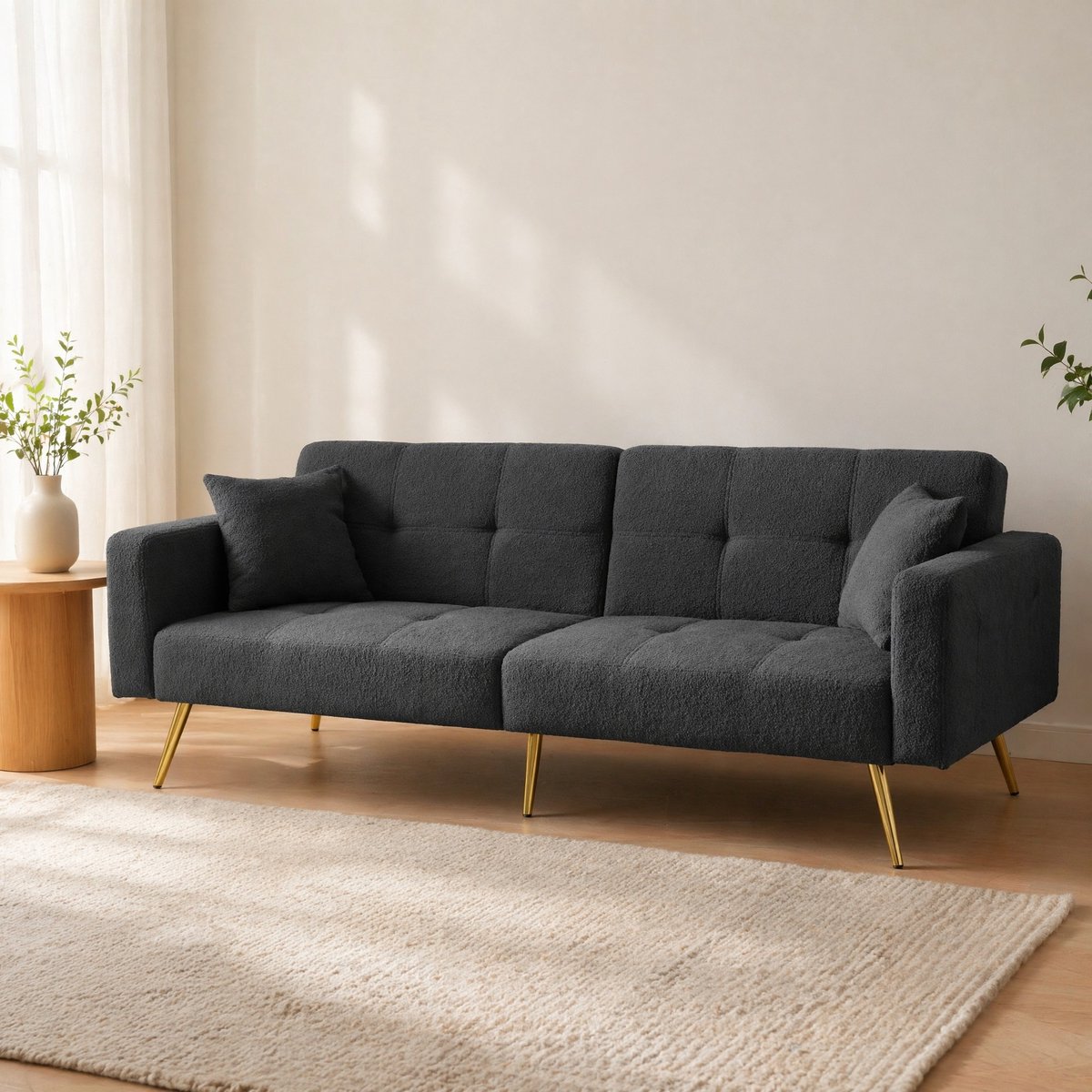 MEUNIQ slaapbank 2-zits 175 x 64 x 72 cm met verstelbare rugleuning, 2 kussens en zijvakken, donkergrijs, voor woonkamer en logeerkamer