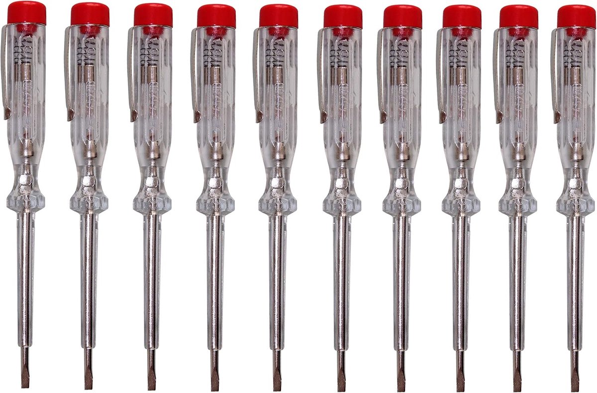 + H Werkzeug 45200 standaardtester 10 x 45200 spanningstester/fasetester tot 250 V GS getest volgens VDE 0680 Made in Germany, transparant/rood, 140 mm