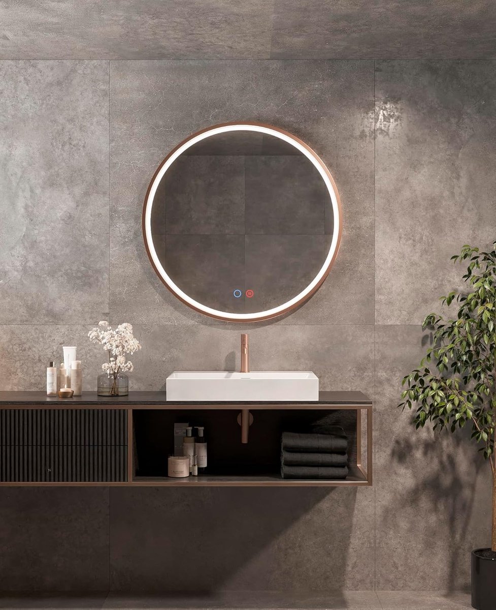 LED-spiegel, rond, met voorlicht, LED-spiegel, voor badkamer, achtergrondverlichting, Parijs serie (aluminium kleur goud geborsteld 80 cm)