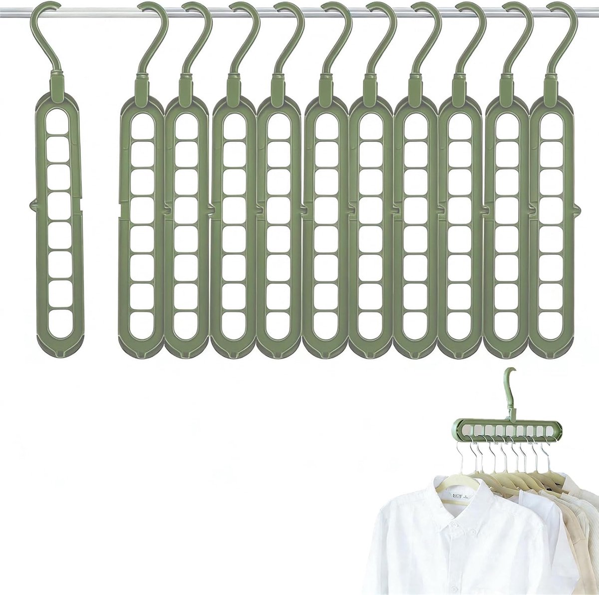 10 Stuks Magische Kleerhanger, 9-in-1, 360 Graden Draaibaar Magische Kleerhanger, Kledinghangerhouder, Ruimtebesparend, Organizer Voor Kledingkast, Closet, Groen