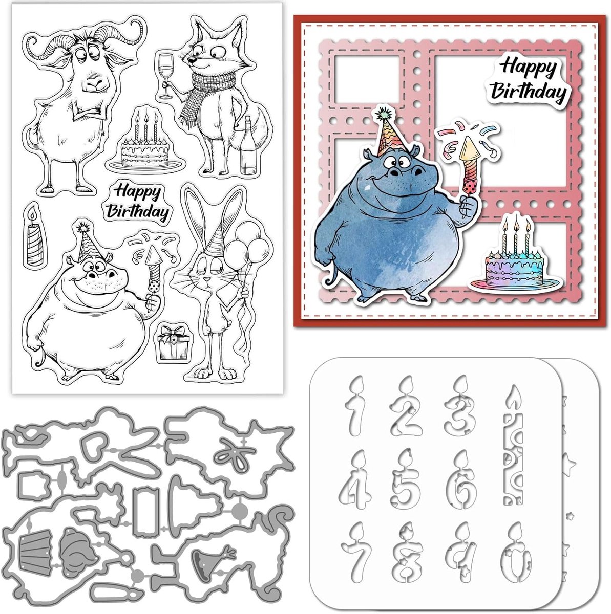 Grappige Verjaardag Dieren Clear Stempels Snijden Dies PET Schilderen Stencils Voor Kaarten Maken Ster Kaars Ballons Siliconen Stempel Metalen Groeten Die Cuts PET Verf Stencils voor DIY