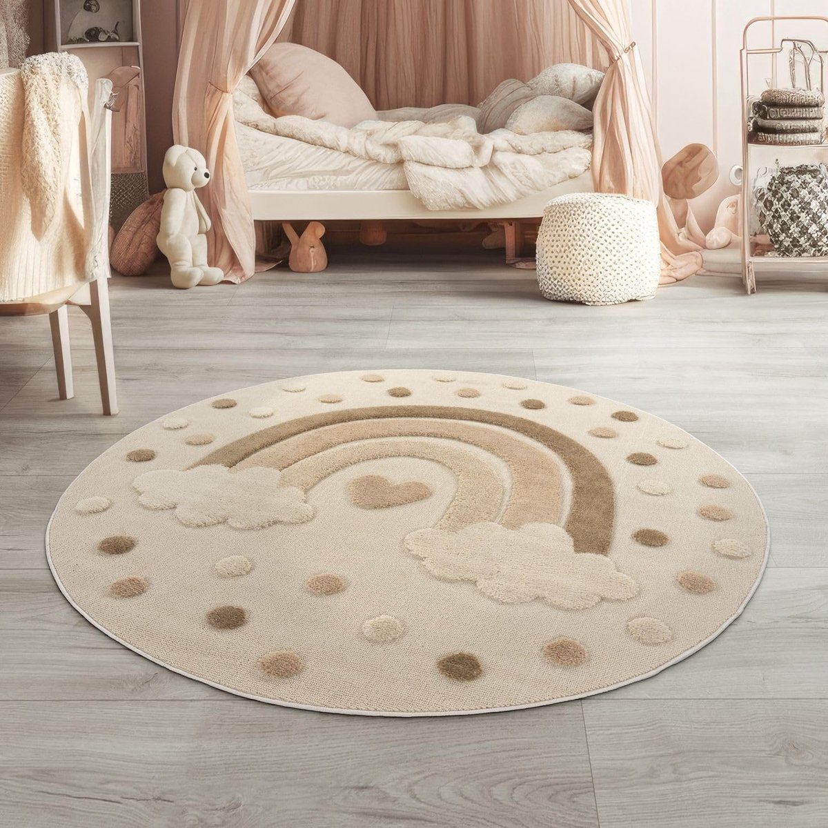 Home Vloerkleed Kinderkamer Meisjes Jongens Zon 3D Modern Soft Fluffy, Kleur:Donkere Crème Zand, Maat:120 cm rond