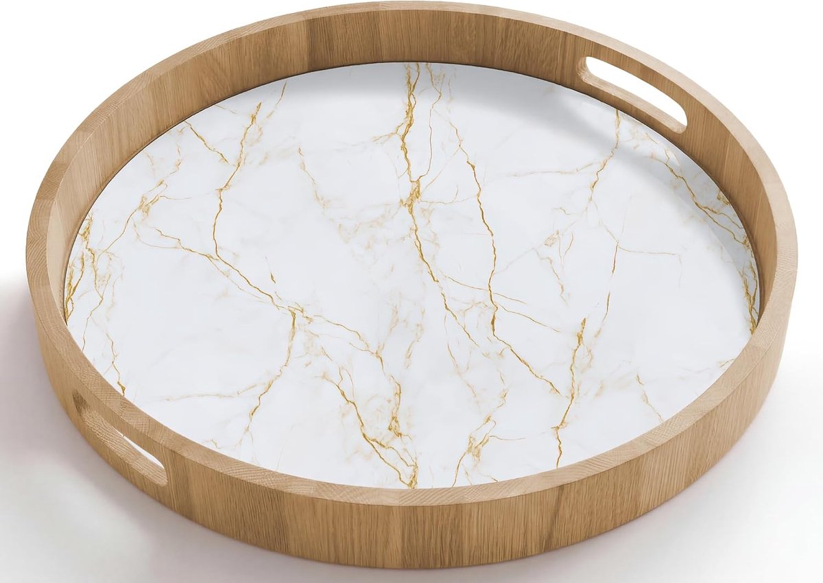 Dienblad Rond 50x50 cm Houten Serveerblad Met Handgrepen Gelakt Eikenhout Krasbestendig Hittebestendig Ontbijt Koffie Thee Eten Wit - Marmer - Goud - Luxueus