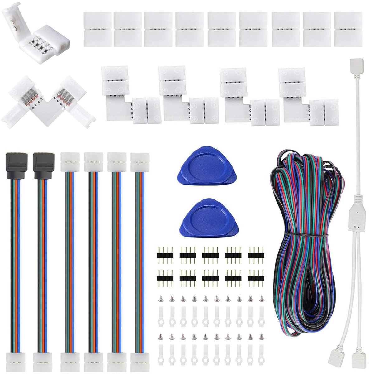 Strip connector 8mm 4 pin voor 3528 2835 RGB Rope lights, 32.8ft/10M verlengkabel, L vorm hoekconnector, soldeerloze jumper connector voor 5V 12V Multicolour LED strip.