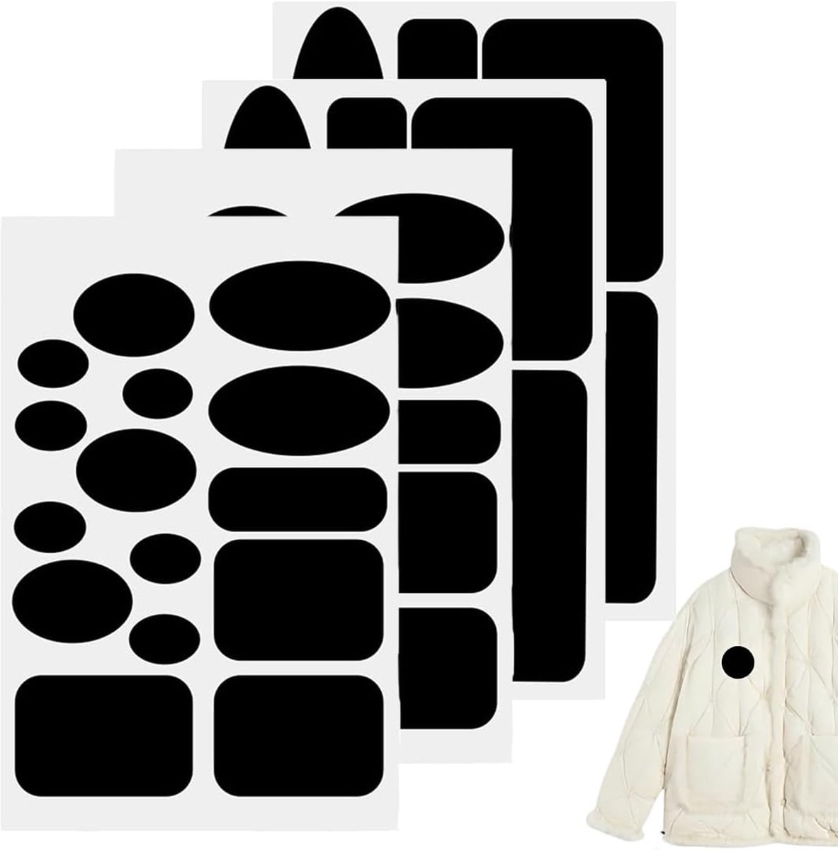 4 stuks patches om op te strijken, nylon, donsjassen en jassen, waterdicht, zelfklevend, voor reparatie van stoffen, gordijnen en kleding (zwart)