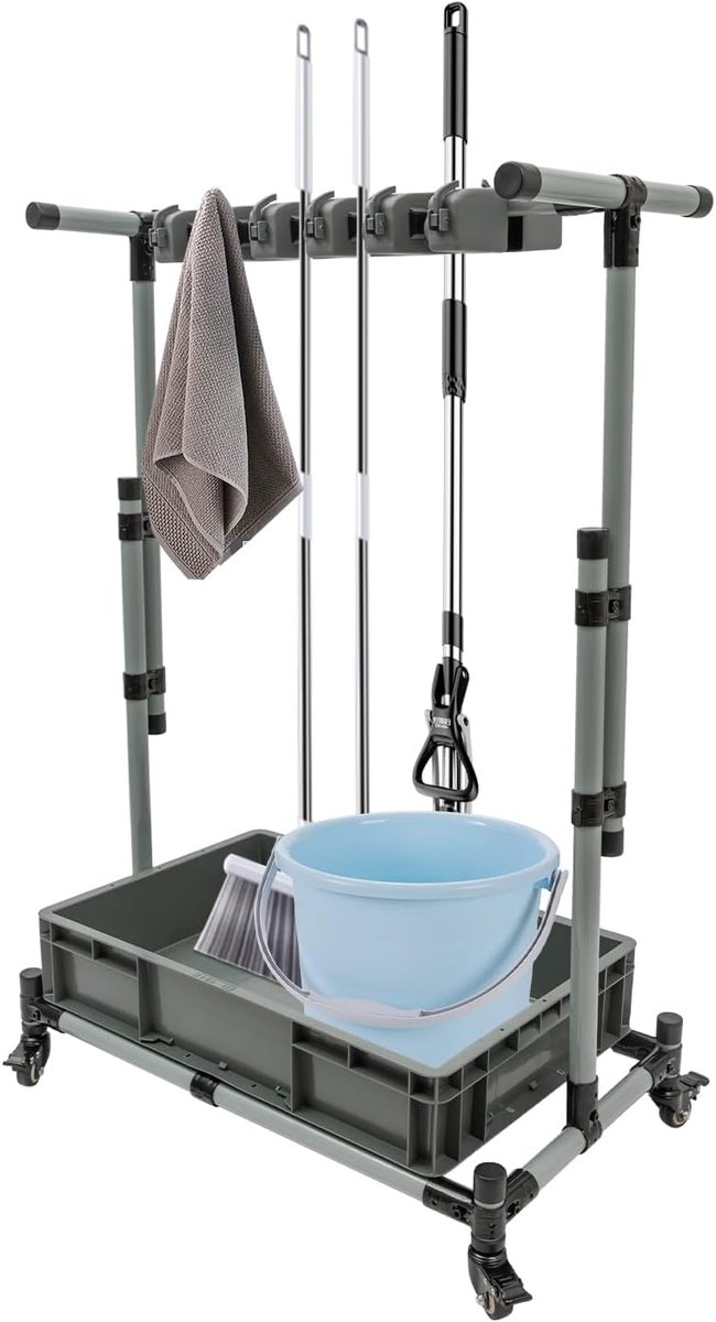 Tuingereedschapsstandaard, organizer met 4 wielen, 75-125 cm instelbare hoogte, draagvermogen 100 kg, voor bezems, moppen en andere reinigingsapparaten