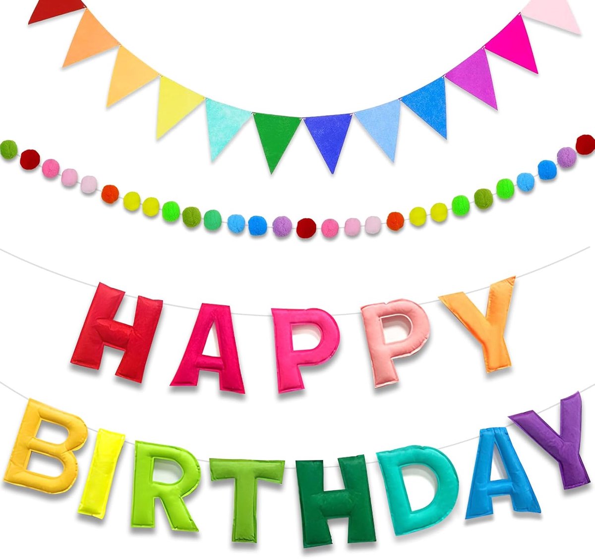 3 stuks regenboog Happy Birthday-banner, 3D vilten verjaardagsslinger met ballen en driehoekige vlaggen, herbruikbaar, kleurrijk Happy Birthday-bord voor verjaardagsfeestdecoraties