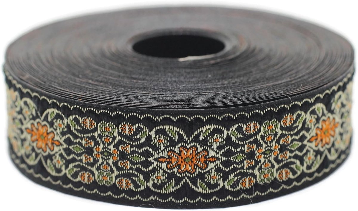 Jacquard Lint Weeft Zwart en Oranje Keizerlijke Tuin 10 m x 25 mm - Rollen Borduurband voor Naaien Decoratie 25939-V6