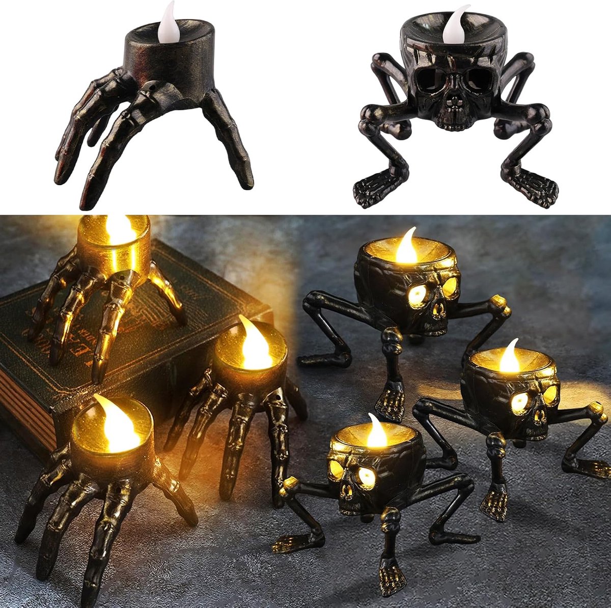 6 stuks led-Halloween-kaarslicht, Halloween-decoratie, tafel, theelichtjes, led vlamloze skelethandkaarsen, Halloween doodshoofd, theelicht, decoratieve verlichting voor binnen voor