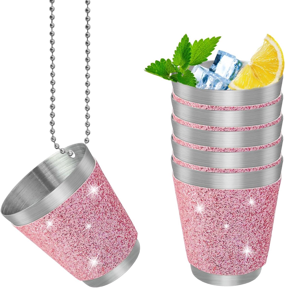 6 borrelglazen van roestvrij staal, roze, 30 ml, met ketting voor carnaval, bruiloft, vrijgezellenfeest