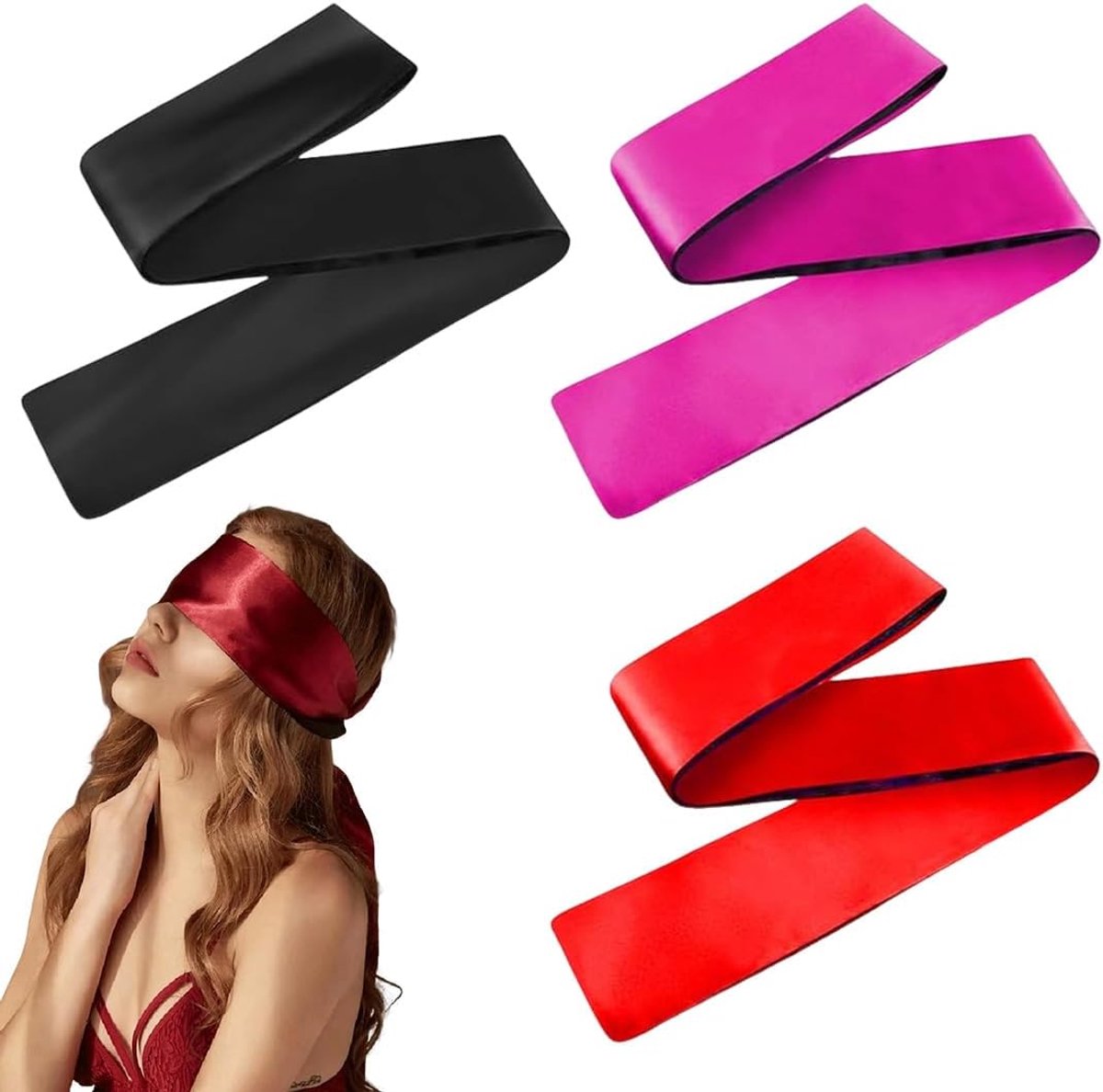 3 stuks satijnen oogmasker zacht slaapmasker verstelbare oogafdekking reizen oogmasker satijn oogmasker voor vrouwen mannen volwassenen paren 130 x 7 cm zwart rood