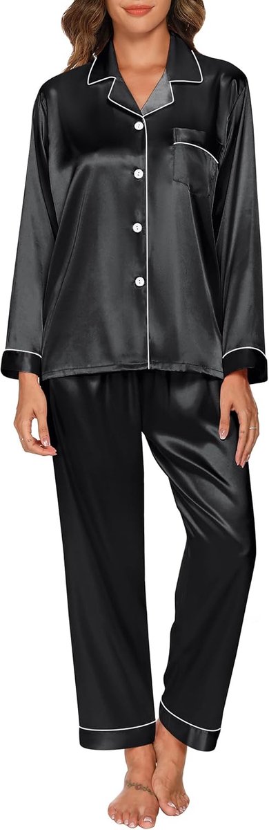 Dames pyjama set dames zijden satijnen pyjama set pJ sets lange mouwen nachtkleding loungewear voor alle seizoenen, Zwart, S