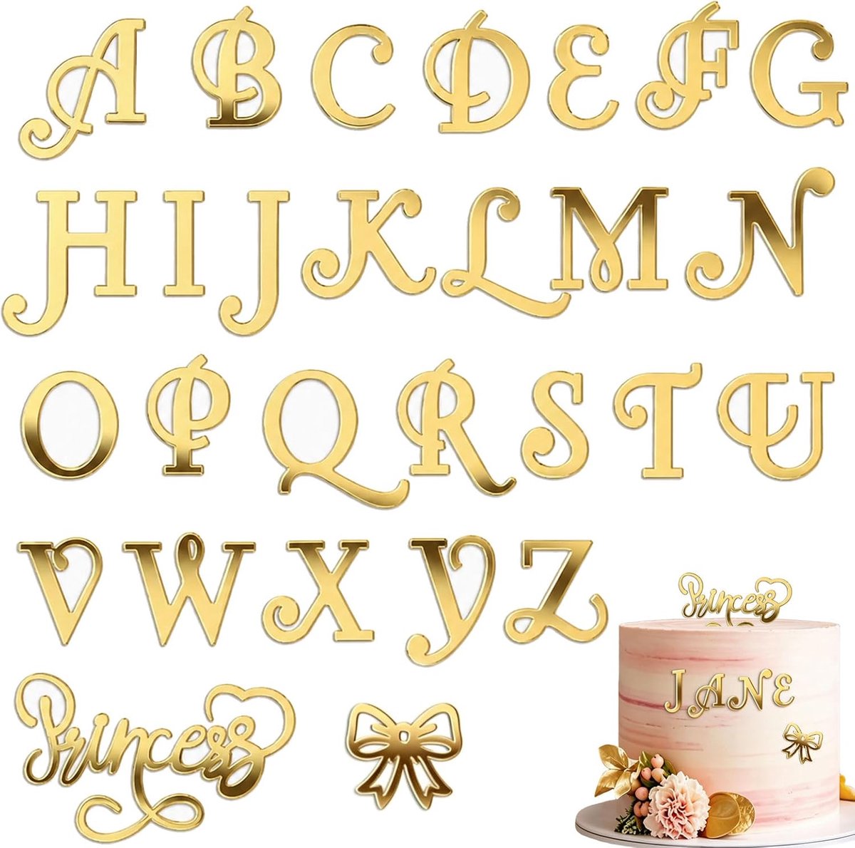 28 Stuk Gouden Acryl Taartstekers Letterset, A-Z Alfabet Taarttopper Met Prinsessenmotieven, Voor Verjaardag Baby Shower Vrijgezellenfeest