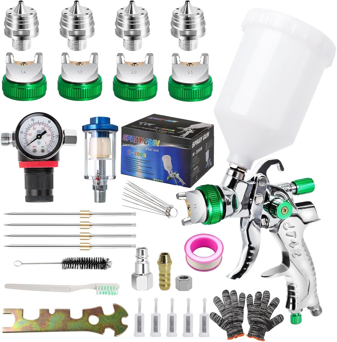 Spuitpistool voor perslucht met drukregelaar, 4 sproeiers 1,4 mm, 1,7 mm, 2,0 mm, 2,5 mm,