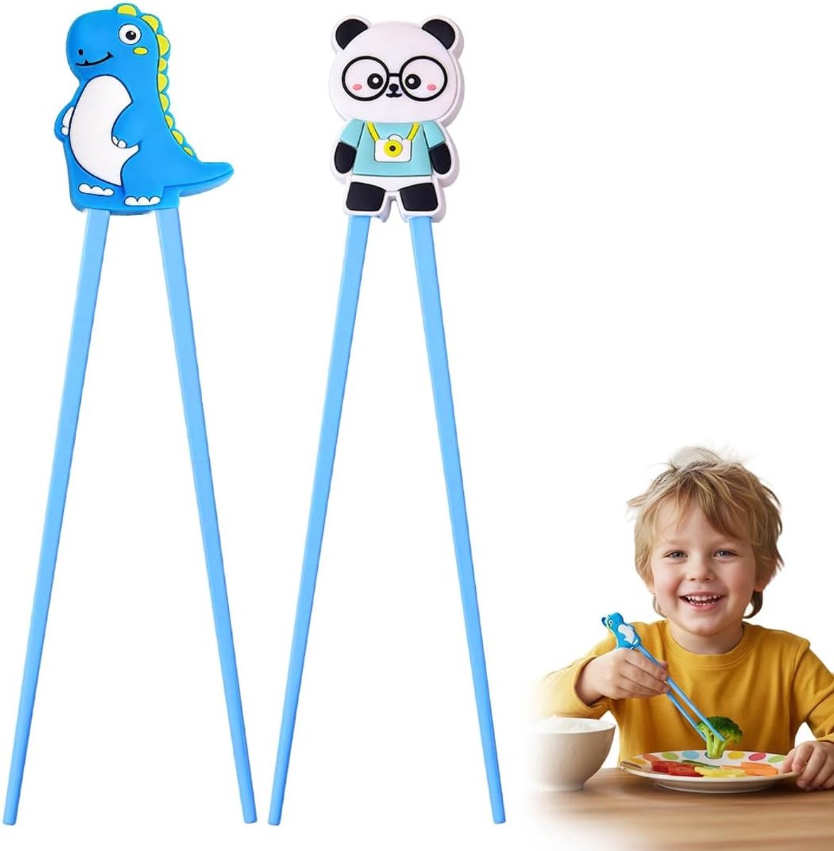Eetstokjes hulp, wit, 22 cm, met schattige panda's en dinosaurussen als houder voor beginners, uitwisselbaar