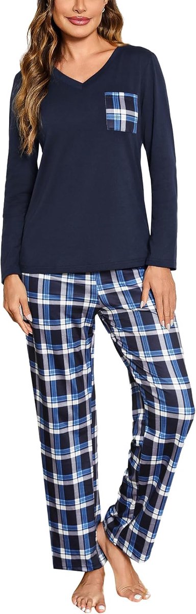 IClosam Winterpyjama voor dames, van katoen, geruit, tweedelig, lange pyjama met zijzakken, comfortabel, casual, voor thuis, S-XXL