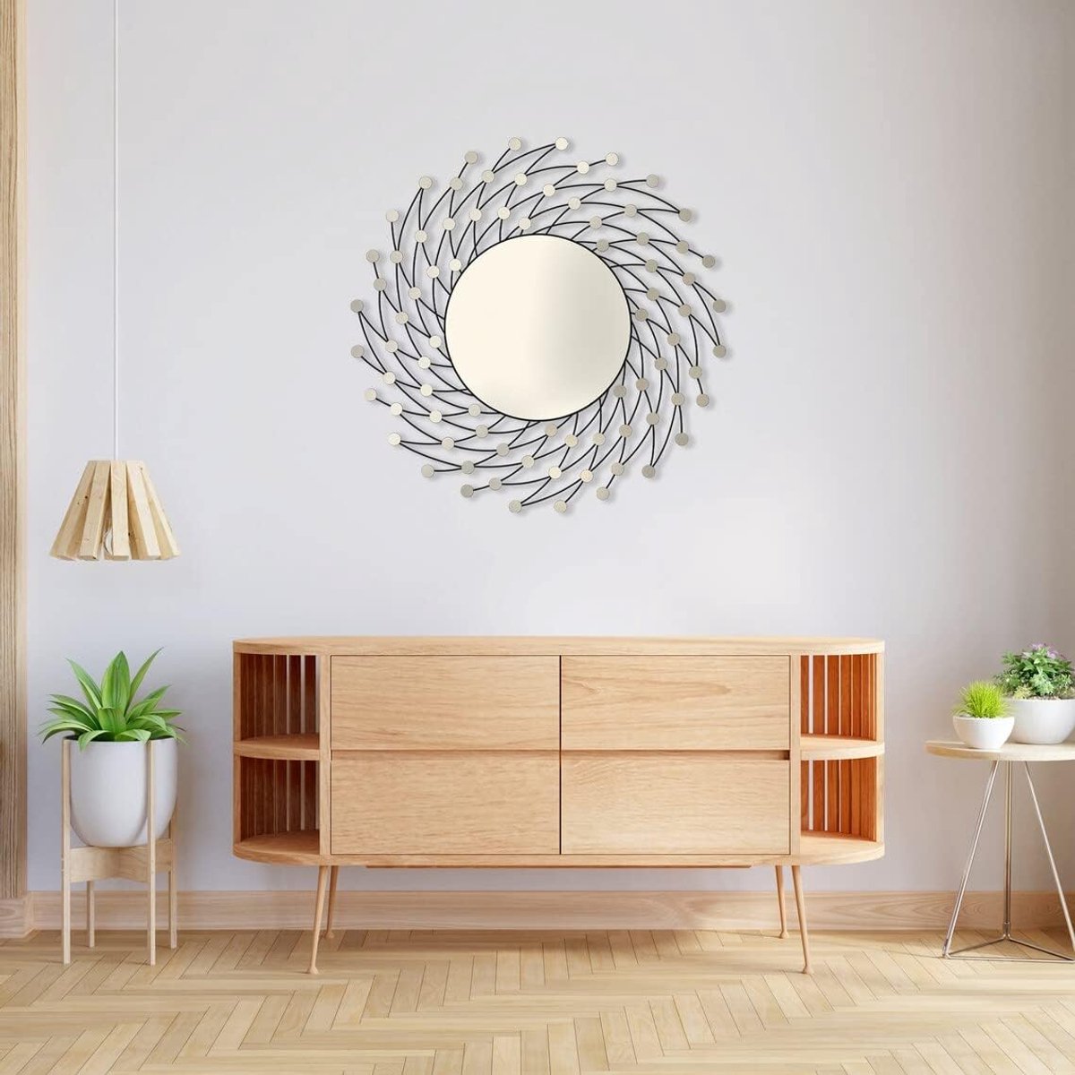 Wandspiegel, wanddecoratie, decoratie slaapkamer, ronde spiegel voor badkamer, slaapkamer, woonkamer en huis, uniek design, zwart, cadeau, winderig motief, afmetingen 60 x 60 cm