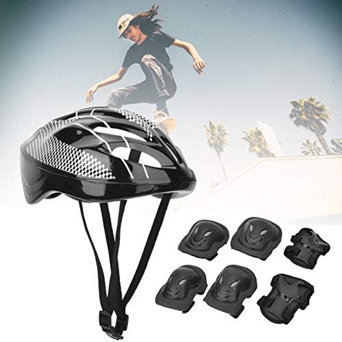 Beschermende uitrusting set voor volwassenen, skate knie-elleboogbeschermers helm met handschoenen