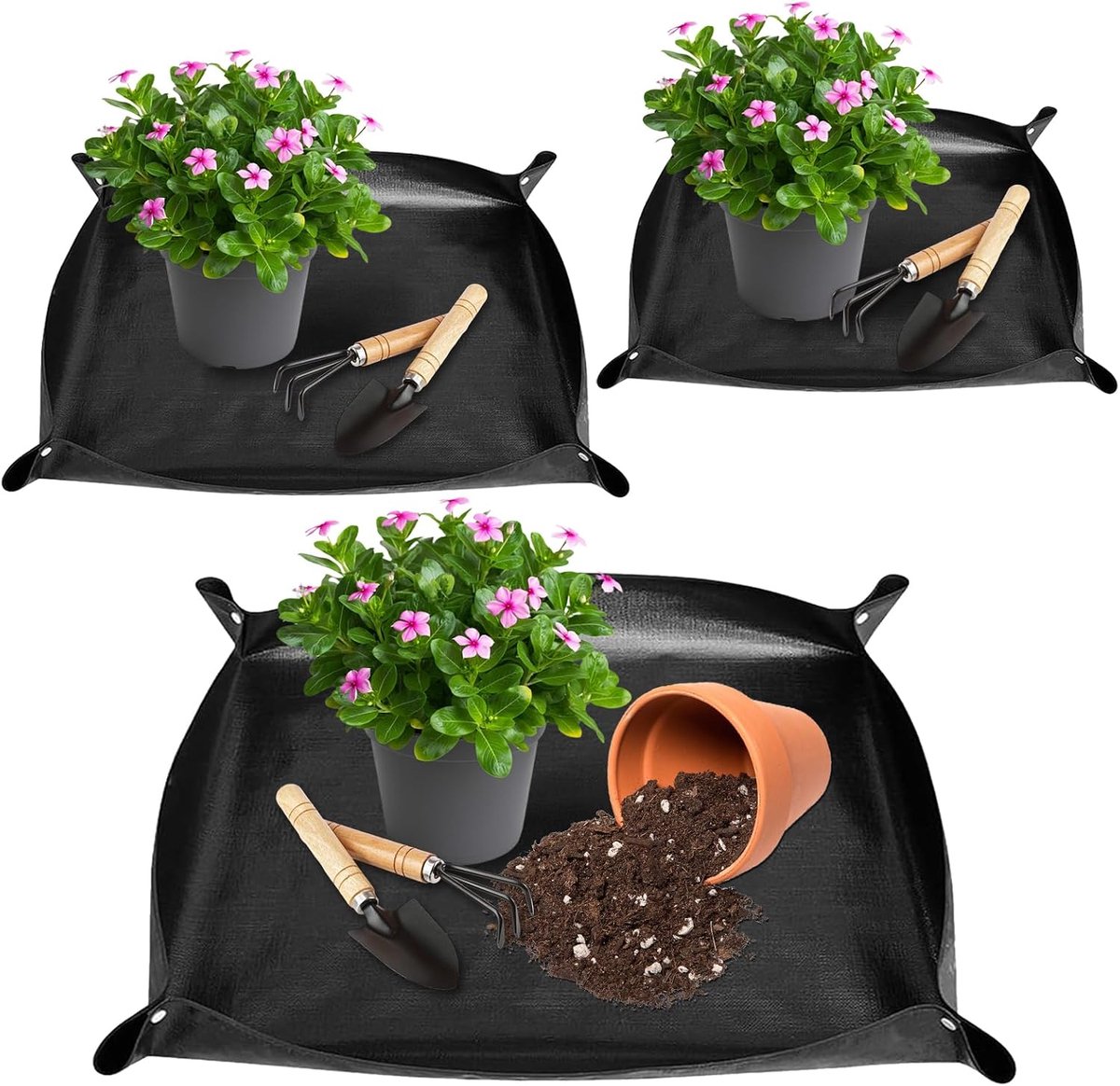 3 stuks plantenmatten, 50 x 50 cm/66 x 66 cm/100 x 100 cm, Zwart | waterdichte lekvrije plantenompotmat, opvouwbare plantenonderlegger, tuinmat, voor overpot, verversing, snoeien