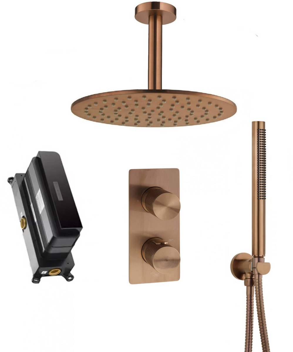 Ben Engraved Line Slim inbouw regendoucheset Ø25cm met plafondaansluiting geborsteld koper pvd-coating