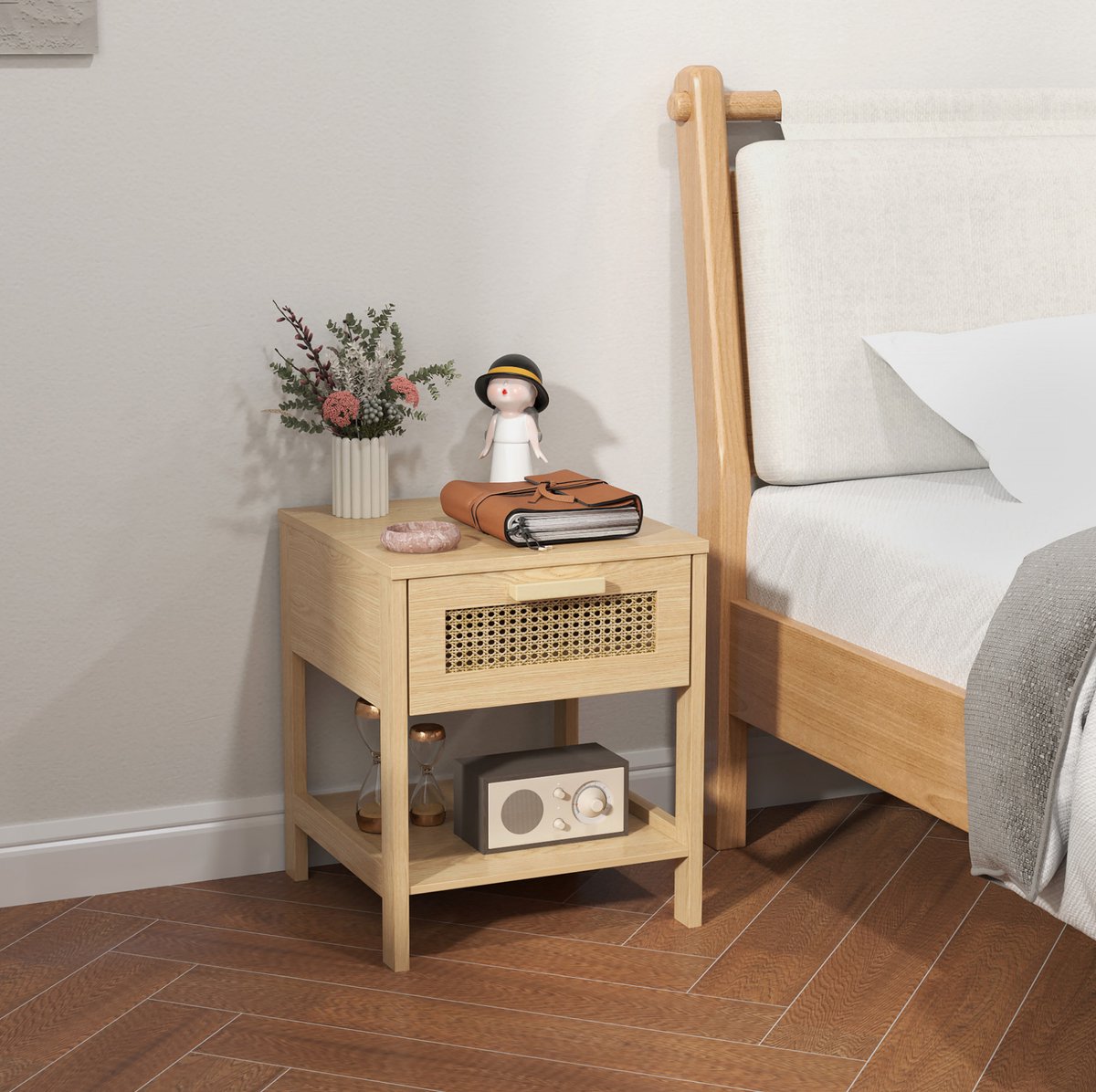DESMIU Bedtafel Rattan Lade En Open Vak Compact Voor Slaapkamer En Woonkamer Hout 40 X 40 X 48,4 Cm Natural Wood