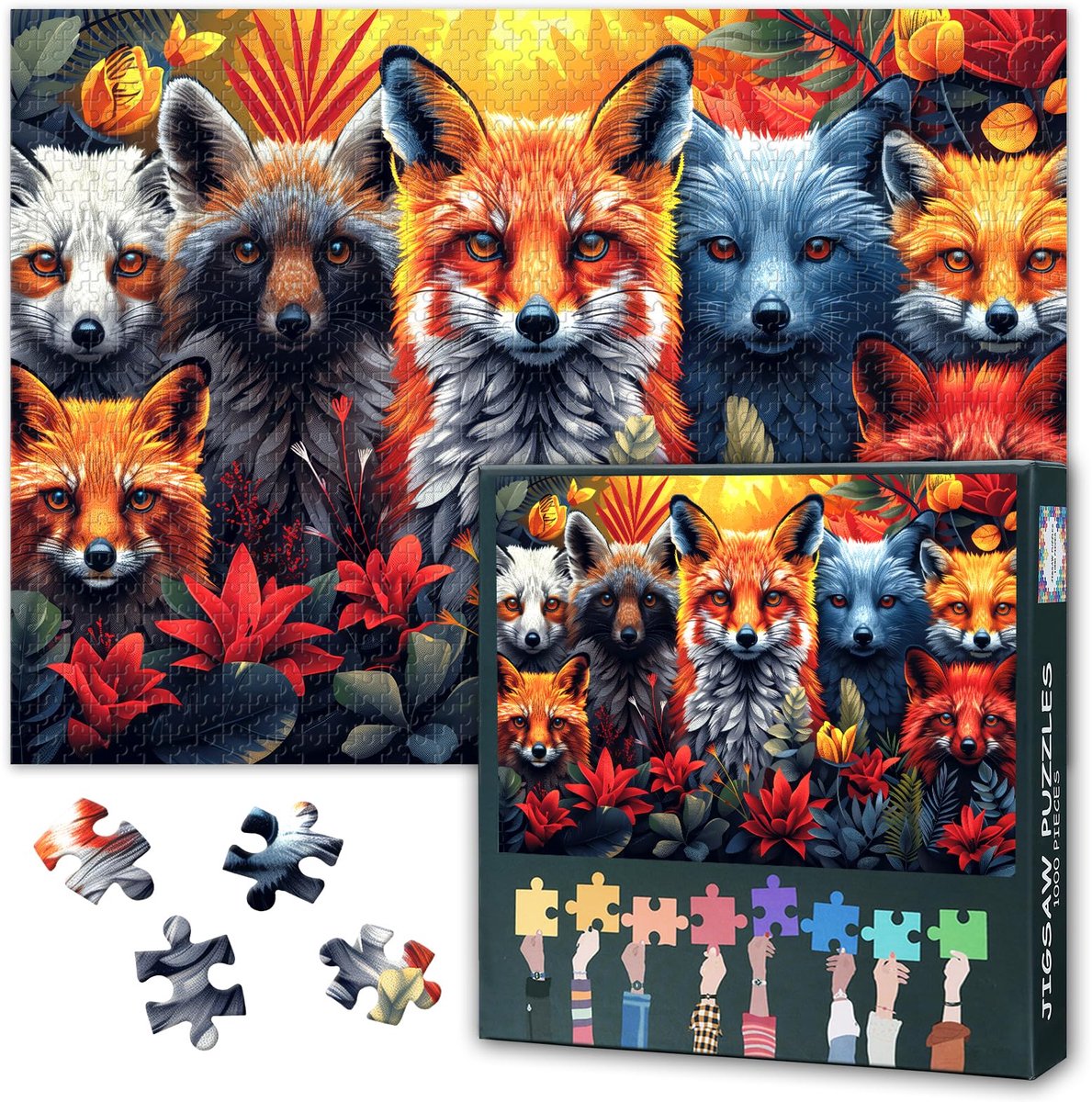 Vossenpuzzel 1000 stukjes - natuurgetrouwe dieren - weelderig bloemenlandschap - uitdagend voor volwassenen - ShopVlot