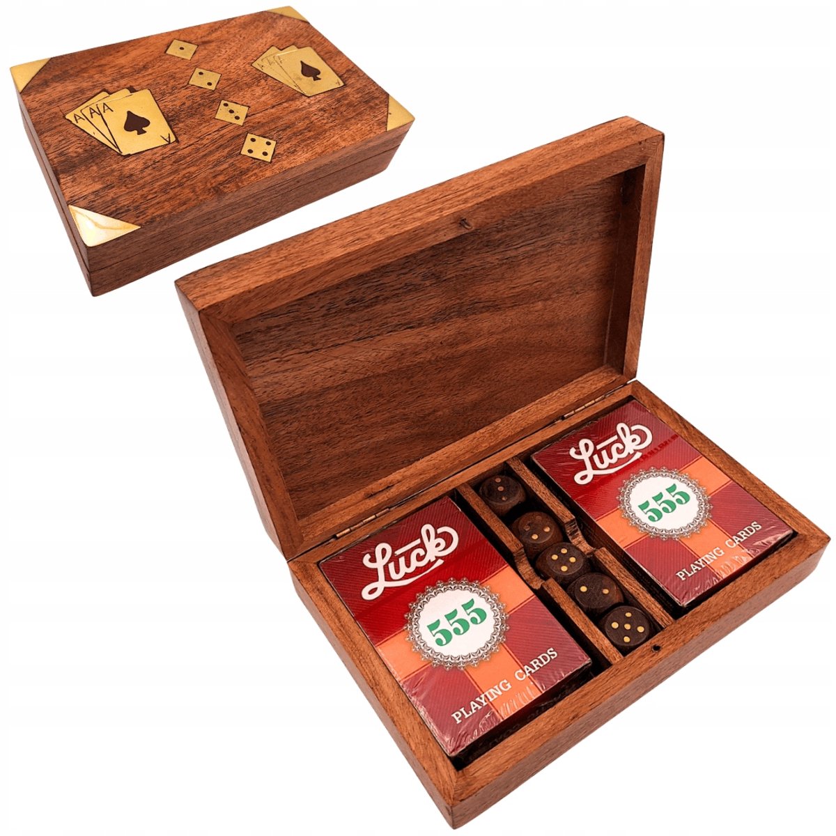 Luxe Houten Speelkaarten & Dobbelstenen Set - Retro Design