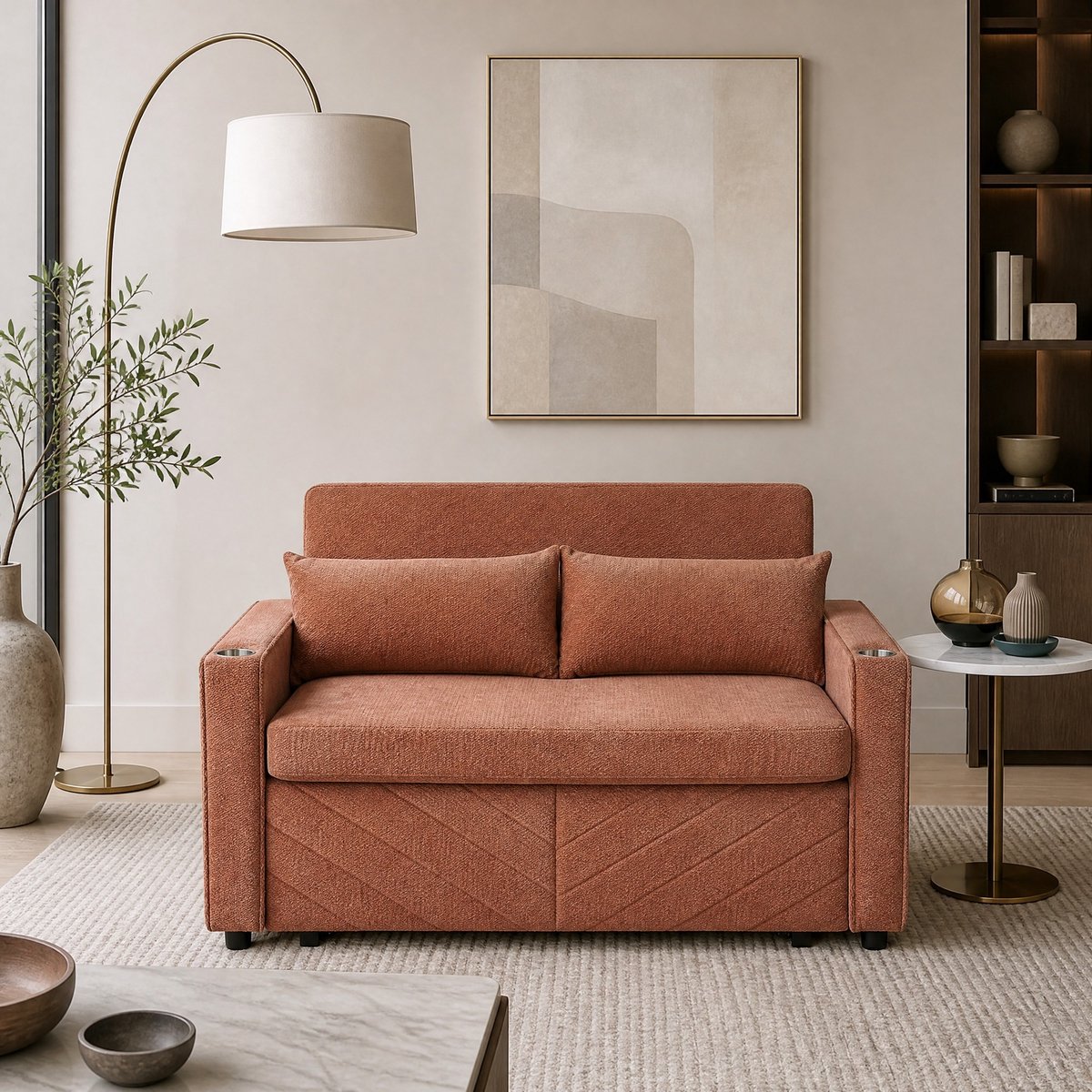 COVREO Slaapbank 2-zits 195x134x73 cm oranje, hout en stof met USB-oplaadpoorten