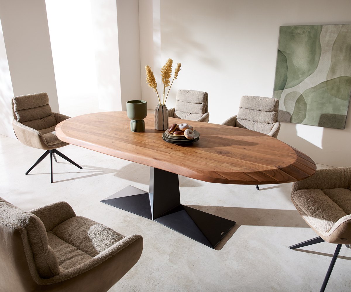 Eettafel Aithon Acacia Bruin Metalen onderstel Zwart 240x105 cm Ovale eettafel