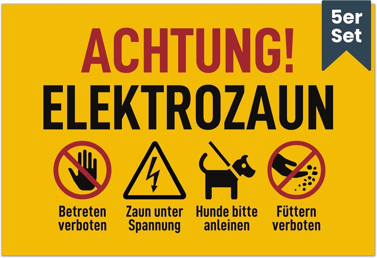 Elektrische hek waarschuwing bord - 20 x 13 cm - set van 5 - UV-bestendig en weerbestendig - eenvoudig te installeren - ShopVlot