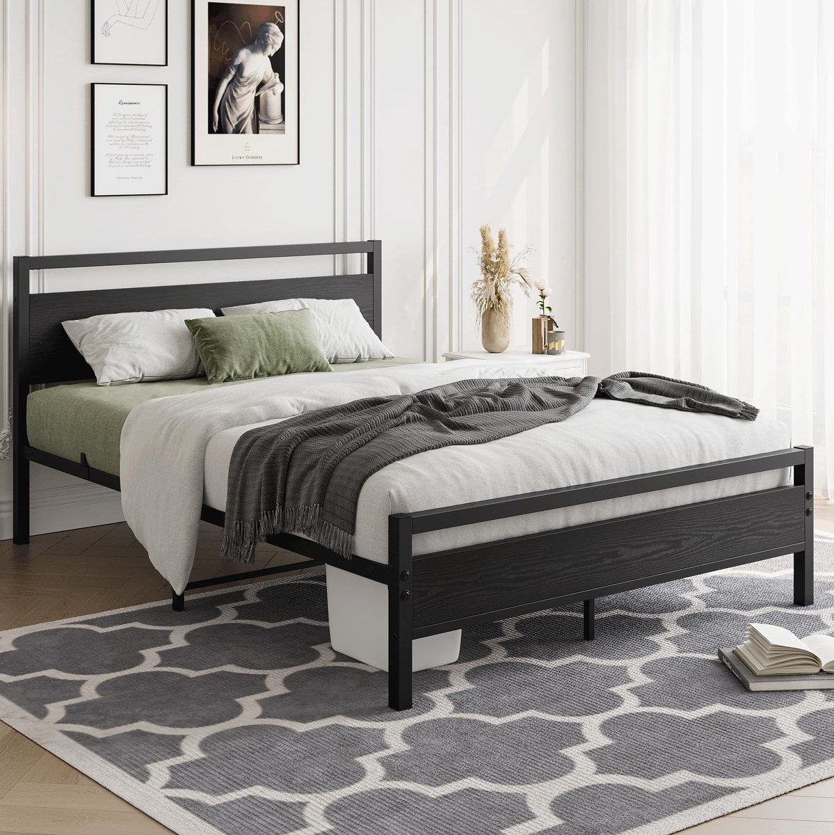 MIVRAY Bedframe 120x200 Cm Zonder Matras Met Lattenbodem Opbergruimte Stevig Metaal En MDF Zwart Voor Slaapkamer En Logeerkamer
