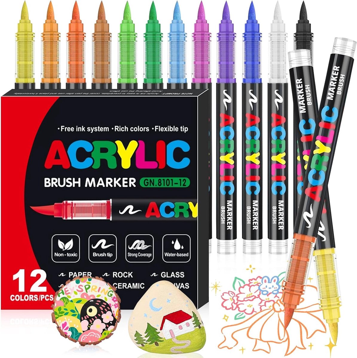 Acrylstiften 12 Kleuren - Marker Set voor Hout, Canvas, Steen en Keramiek - Perfecte Inktstroom voor Creatieve Projecten