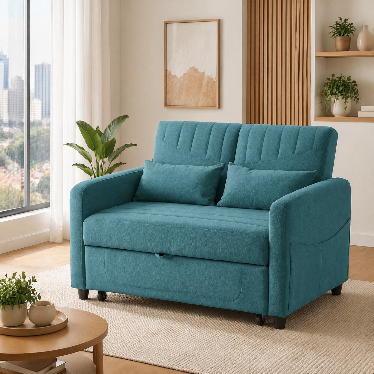 MEUNIQ slaapbank 2-zits uitklapbaar met drie standen verstelbare rugleuning, katoen-linnen bekleding, 114 x 77 x 82,5 cm, woonkamer, antiek blauwgroen