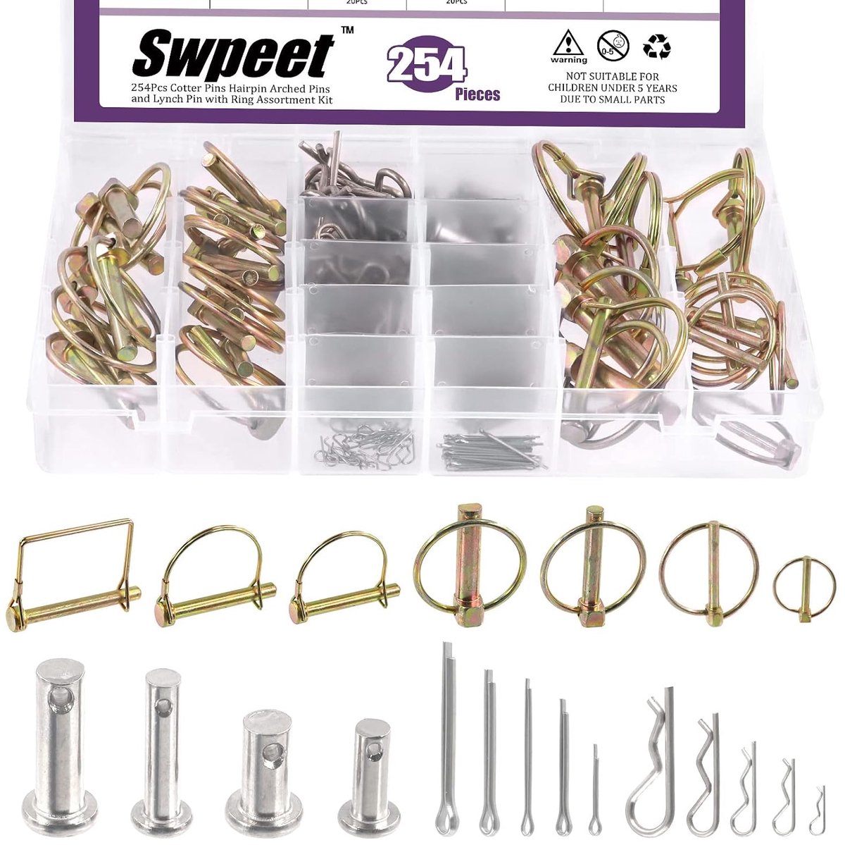 Hitch lynch pin set 254-delig - 304 roestvrij staal - Assortiment voor landbouwvoertuigen - Geschikt voor trailers - SnelShoppen