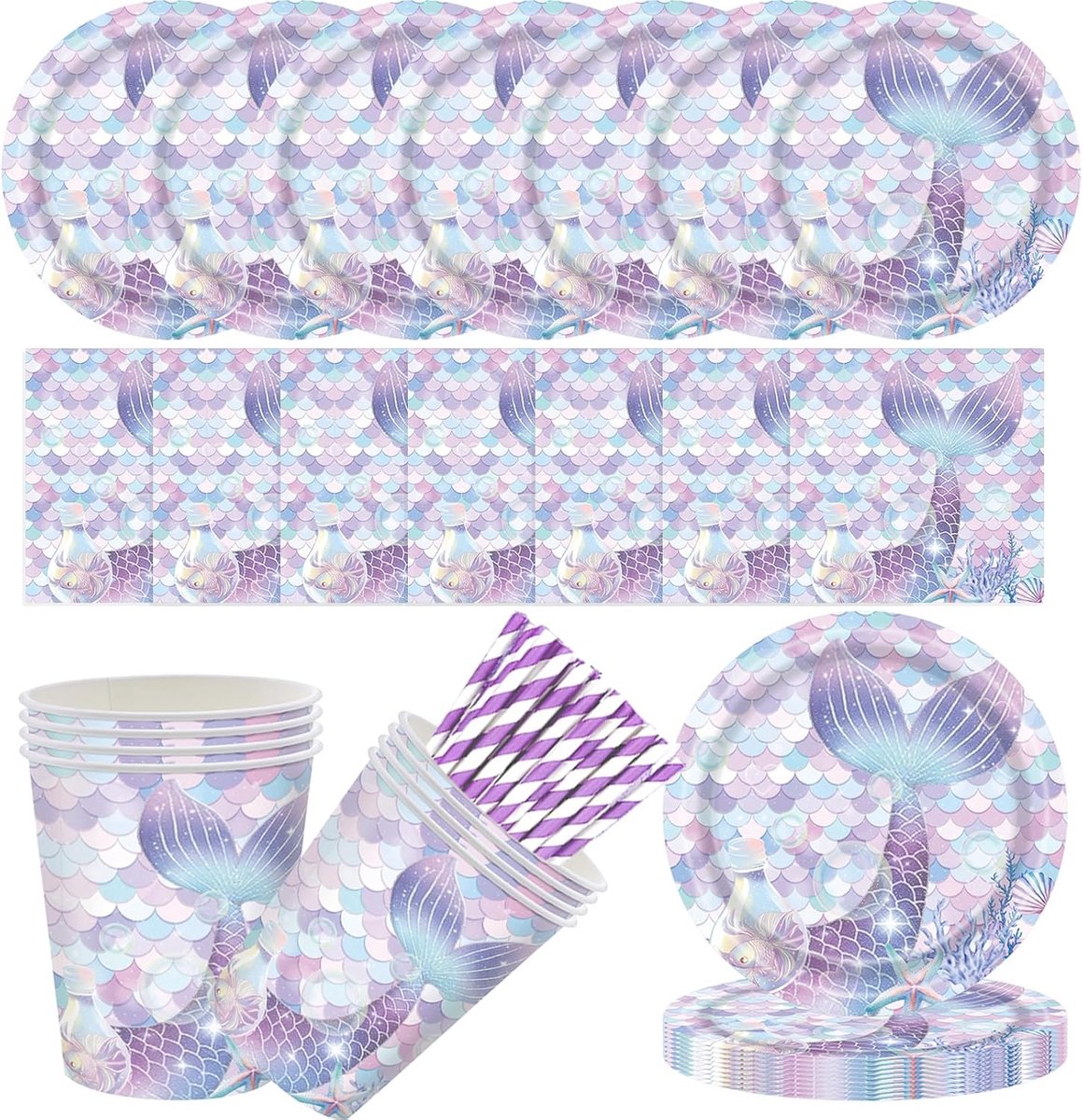 Tafeldecoratie set voor meisjes - 84P paarse zeemeermin thema - met borden, bekers en rietjes - SnelShoppen