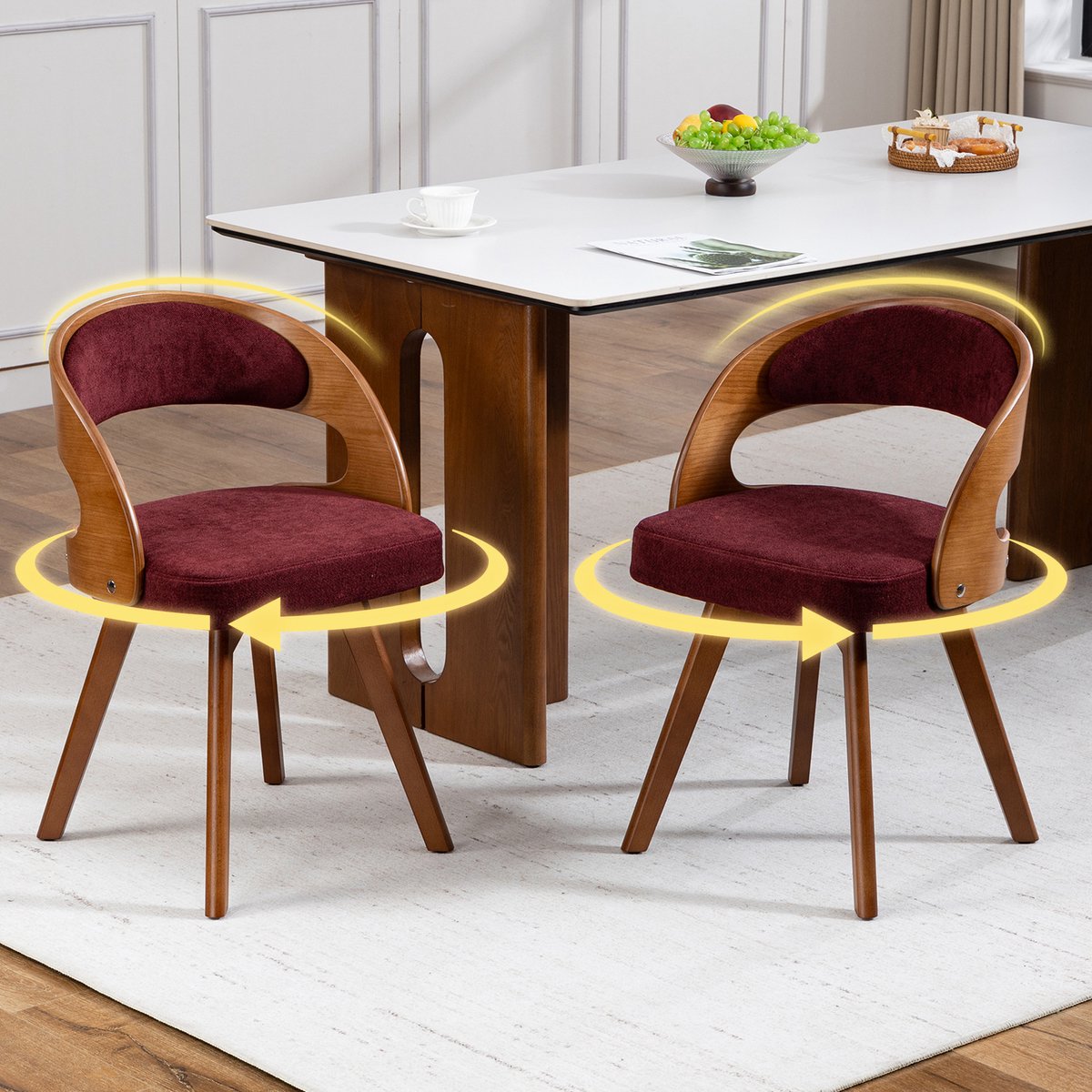 Clruro Eetkamerstoelen - 75 cm - 2 Stuks, 360° Draaibaar - Linnen en Beukenhout - Wijnrood