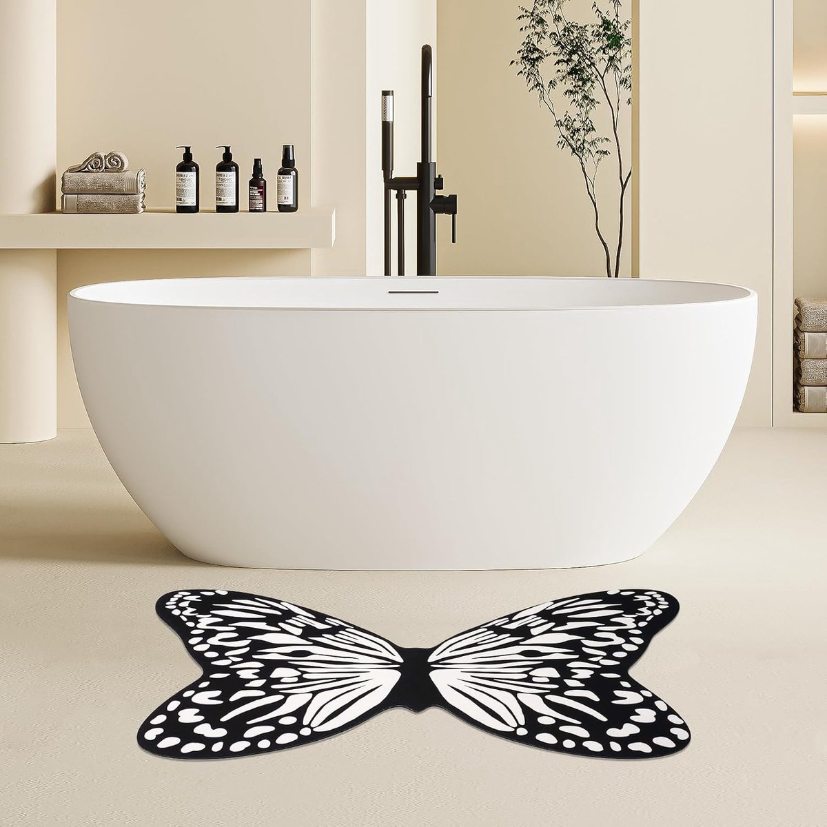 Badkamermat - Zwart-Wit Vlinderdesign - Antislip - Snel drogend na douchen - SnelShoppen