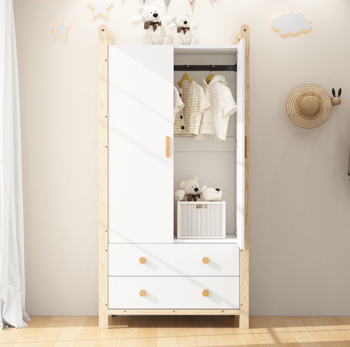 MODENUIT Kledingkast - 2 Deuren Met Kledingroede En 2 Lades - Voor Slaapkamer En Hal - Wit En Naturel Hout - 89,6x44x180,5 Cm