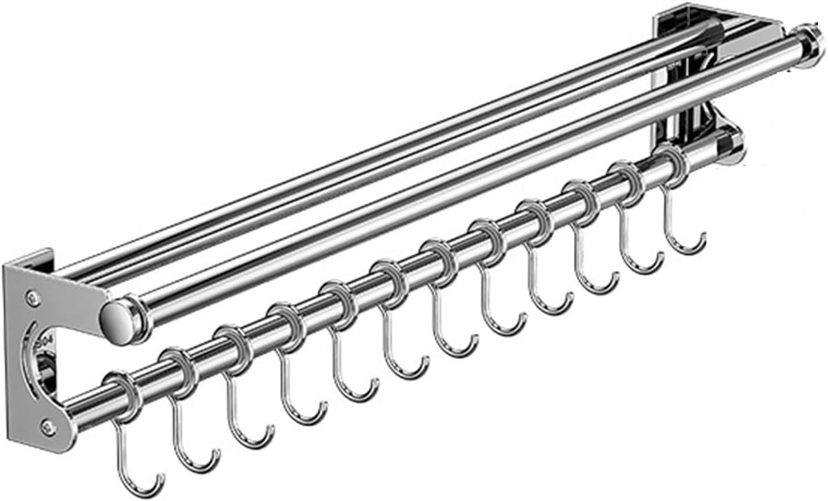 Wandmontage meshouder 40CM - zilver - met 8 haken - ruimtebesparende keukenoplossing - ShopVlot