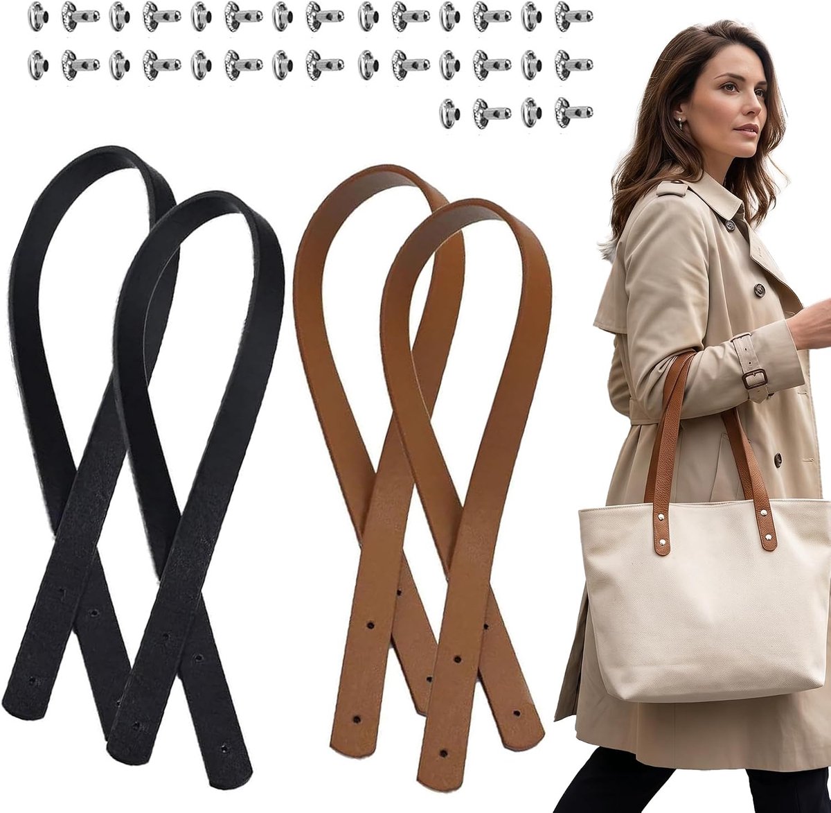 Lederen tas handvatten 60x2 cm - PU schouderbanden - met klinknagels - voor duurzame draagtas - ShopVlot