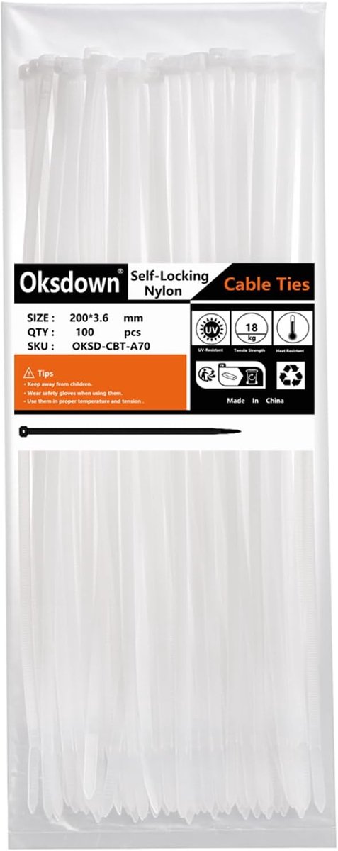 Kabelbinders 200mm x 3.6mm - Heavy Duty Nylon - Sterk en zelfvergrendelend - Ideaal voor kabelbeheer - ShopVlot