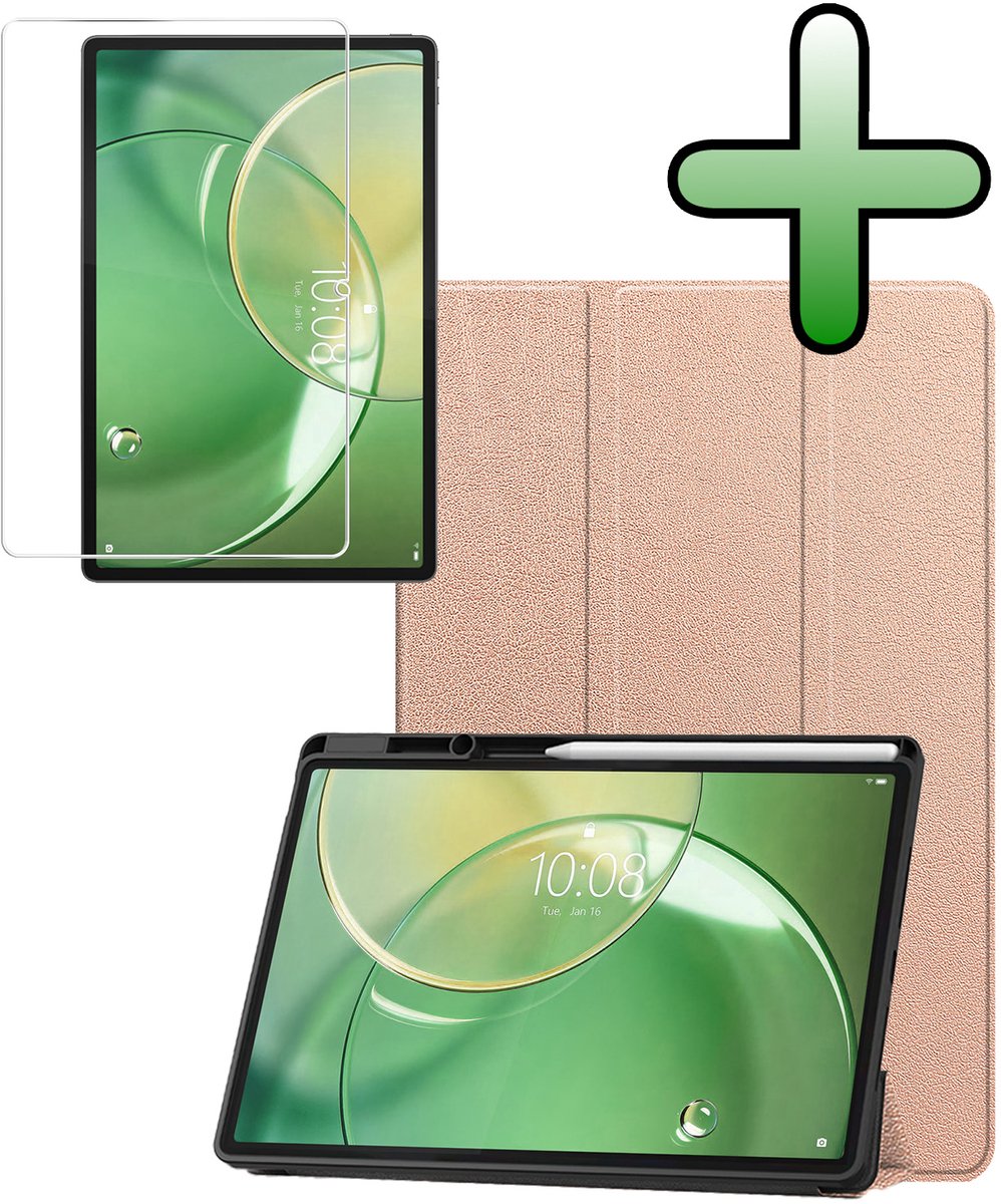 Hoesje Geschikt voor Lenovo Idea Tab Pro Gen 2 - Met Screenprotector - Trifold Bookcase - Hard Cover Case - Met Uitsparing Geschikt voor Lenovo Pen - Hardcover Book - Tablet Hoes - Rosé goud