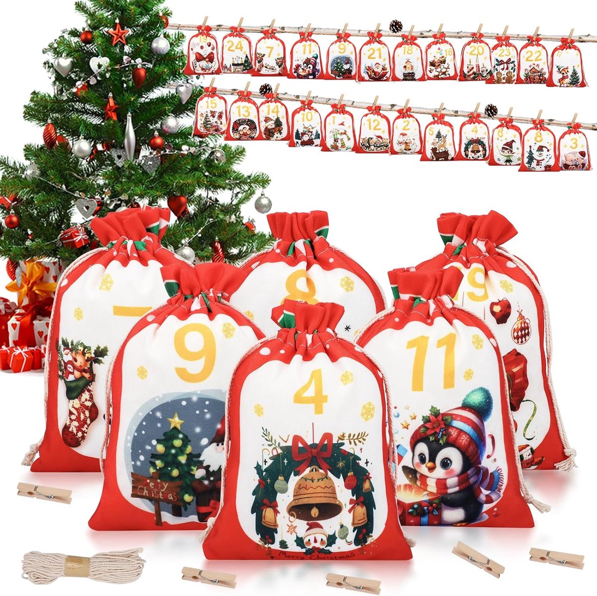 Adventskalender voor vullen 2025 - grote stofzakken 18 x 13 cm - zelf te vullen - perfecte kerstdecoratie - SnelShoppen