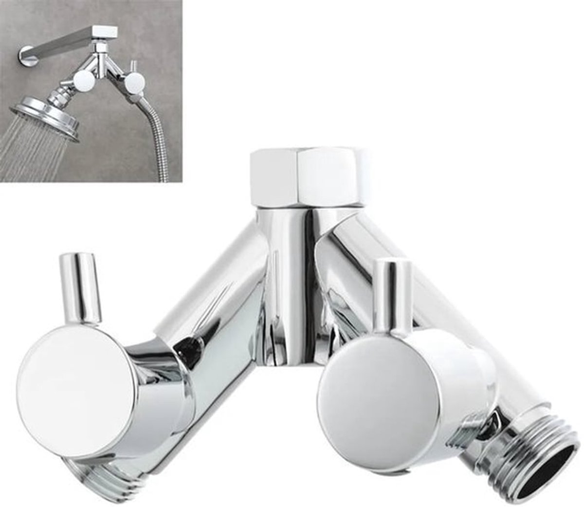 Messing Y-verdeelstuk met aparte schakelaar, verchroomd, 1/2 inch, geschikt voor doucheslangen en douchekoppen, met afsluitklep voor flexibele waterverdeling. Zilverkleurig.